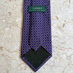 Ralph Lauren Silk Hand Finished Tie Blue/Gold Circle Pattern